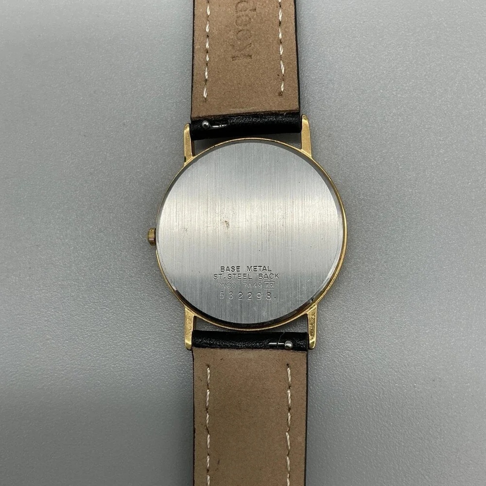Vintage Seiko Mens Watch 31mm Gold Tone Black Leather 7N00-7A49 New Battery